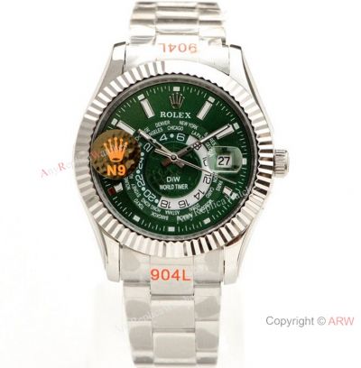 N9F Swiss Copy Rolex Sky-Dweller Stainless Steel Green Watch w- World Timer